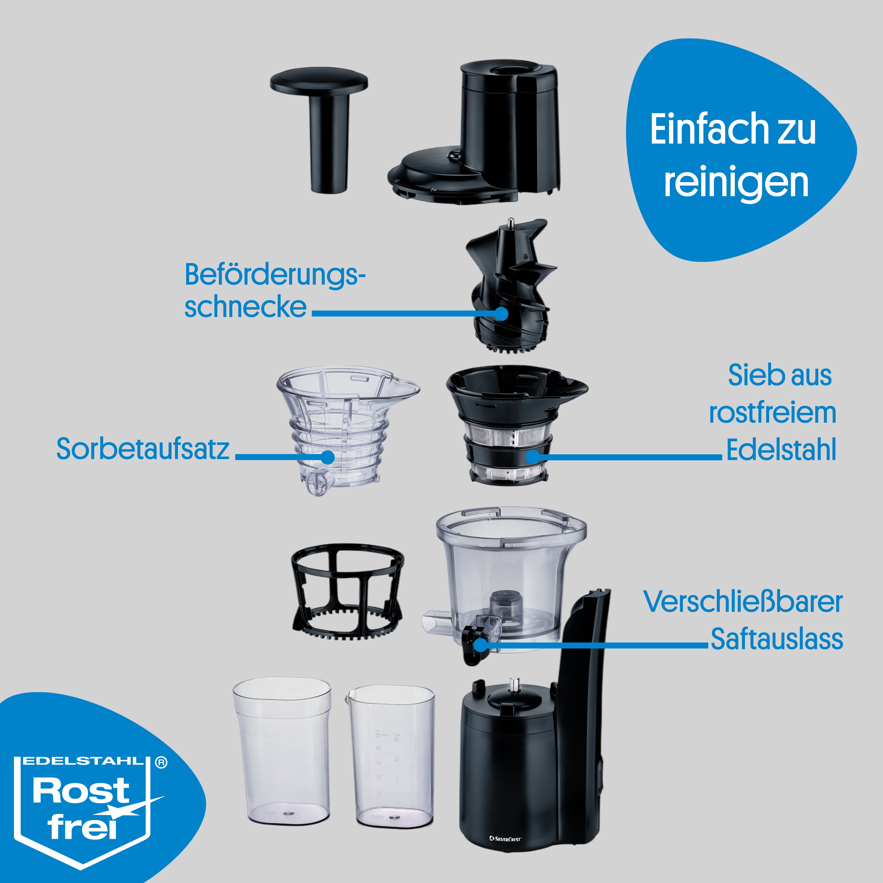 Opbouw van de slowjuicer: transportvijzel, zeef van roestvrij staal, sorbetopzetstuk, afsluitbare sapuitloop. Eenvoudig te reinigen.