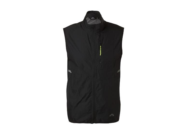 Zwart mouwloos sportvest met rits en reflecterende details.