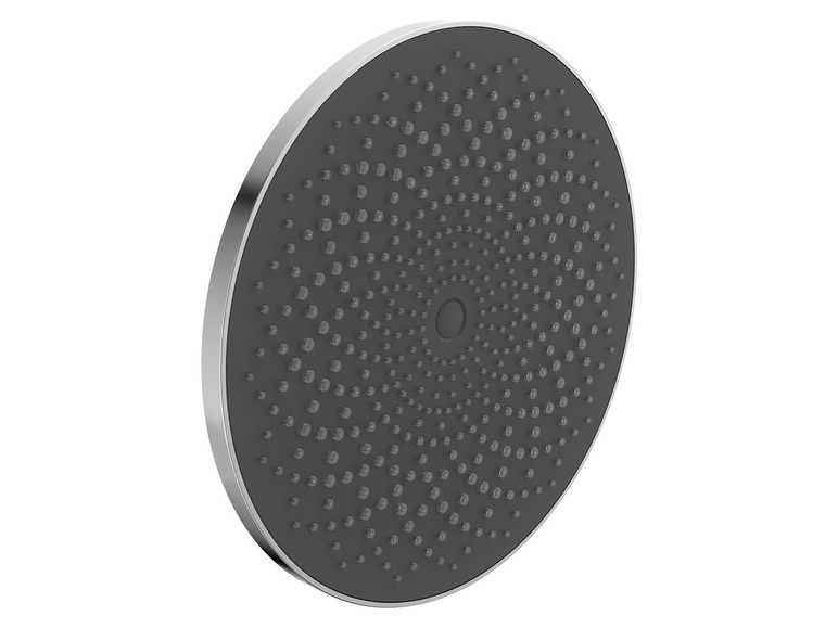 Een ronde douchekop met een chromen rand en een matzwart oppervlak.