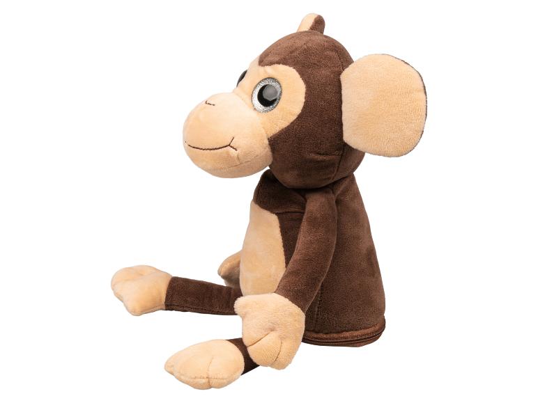 Een bruine pluche aap met grote ogen, geschikt voor kinderen.