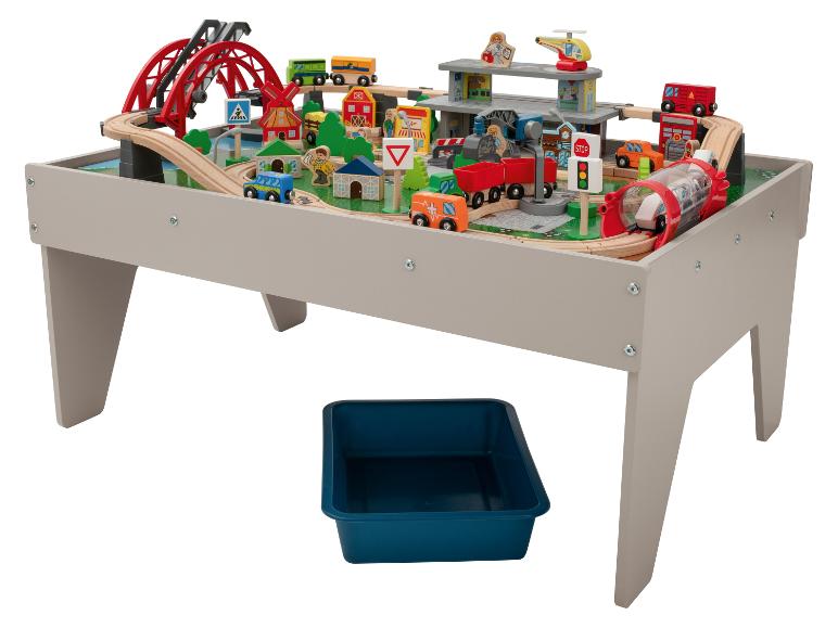 Houten speeltafel met treinset, stadslandschap en opbergbak.