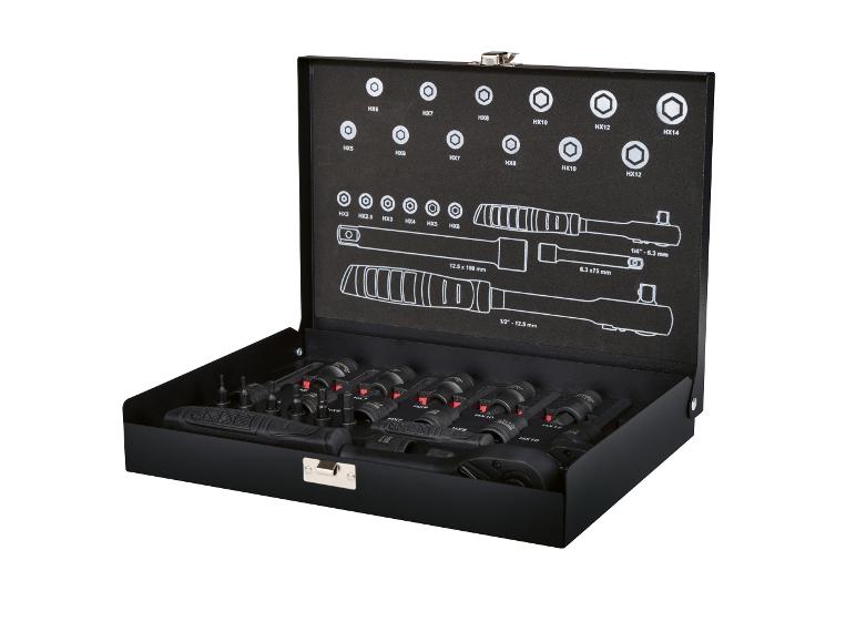 Dopsleutel- en ratelset in een zwarte doos, met maten van HX2 tot HX14.