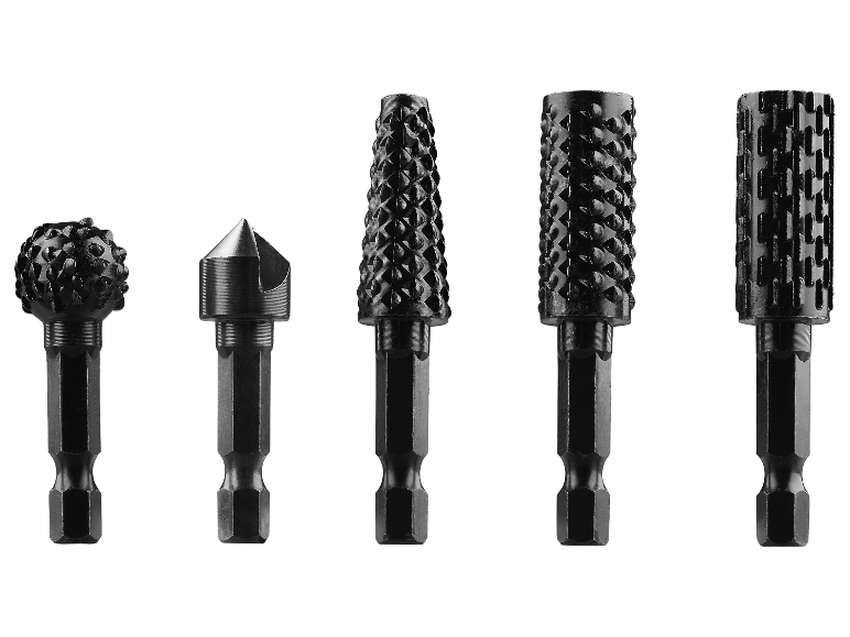 Vijf roterende boren in verschillende vormen en maten.