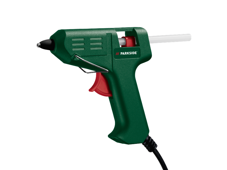 Groen lijmpistool met rode trekker en een witte lijmstick.