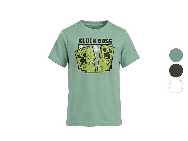 Groen T-shirt met kubusvormige videogamepersonages en de tekst 'BLOCK BOSS'.