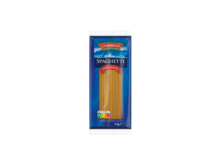 Pak spaghetti van durumtarwegriesmeel, met Nutri-score A en 1 kg gewicht.