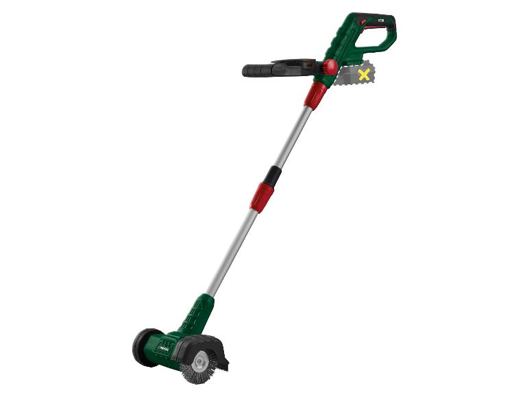 Accu voegenreiniger met borstel en wielen, groen en zilver.