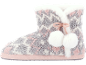 Gebreide huisschoenen met pompons, in roze, grijze en witte tinten.