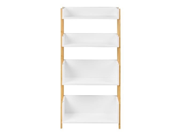 Witte en bamboe 5-laags stellingkast op een witte achtergrond.
