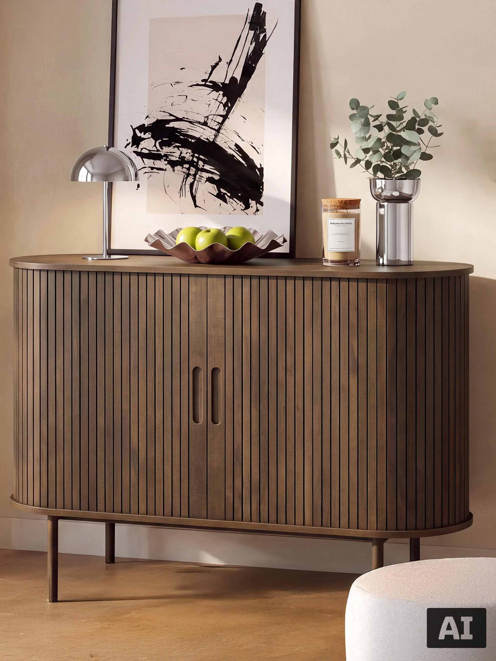 Houten dressoir met verticale latten in een modern interieur