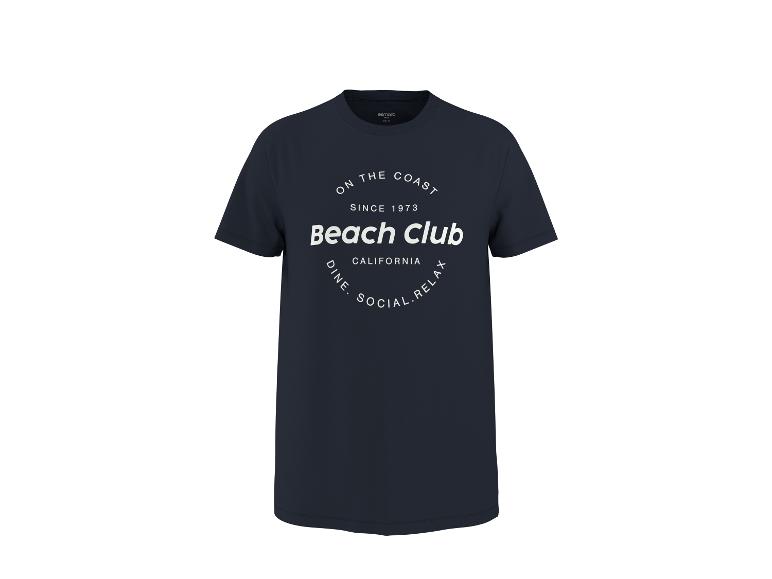 Donkerblauw T-shirt met witte opdruk 'ON THE COAST SINCE 1973 Beach Club CALIFORNIA DINE. SOCIAL. RELAX.'