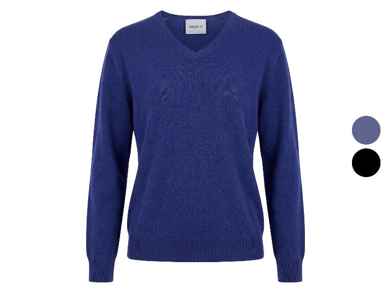 Blauwe V-hals trui met twee kleuropties.