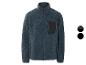 Een donkerblauw fleece jack met rits.