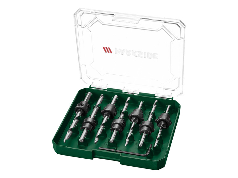 Een set van 8 boortjes van het merk  Lykside in een groene opbergdoos.