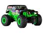 Een zwarte monstertruck met groene wielen en een 'Grave Digger' ontwerp.