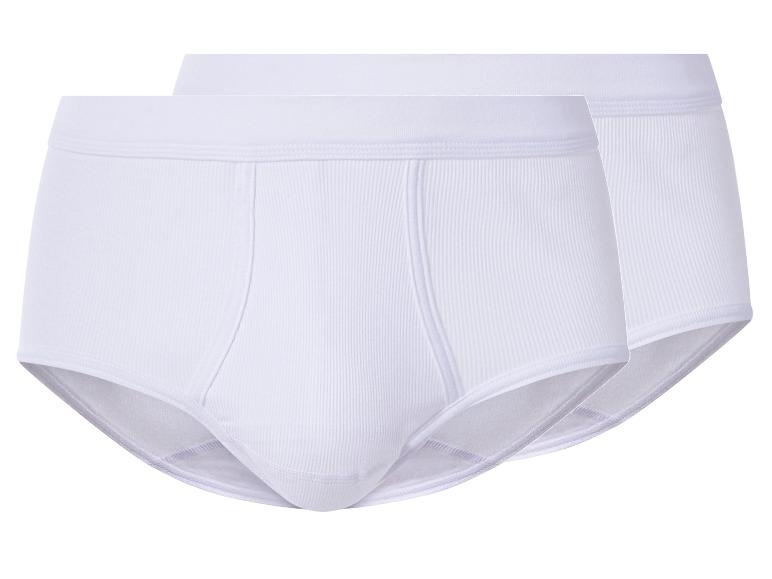 Twee witte geribbelde katoenen herenslips.