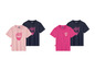 Twee pakketten met roze en donkerblauwe t-shirts met een superheldenprint.