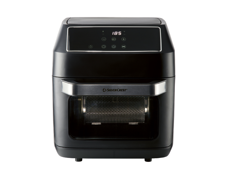 Zwarte airfryer met digitaal display dat 185°C toont en een transparant venster.