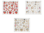 Drie sets kleine houten kerstornamenten in rood, wit en goud.