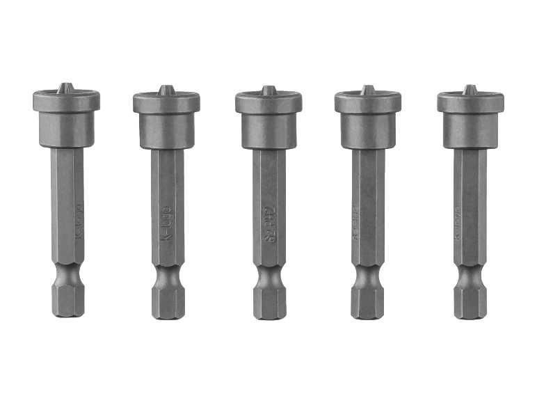 Vijf magnetische schroevendraaierbits met zeskantige schacht, sommige gemarkeerd 'S2 PH2'.