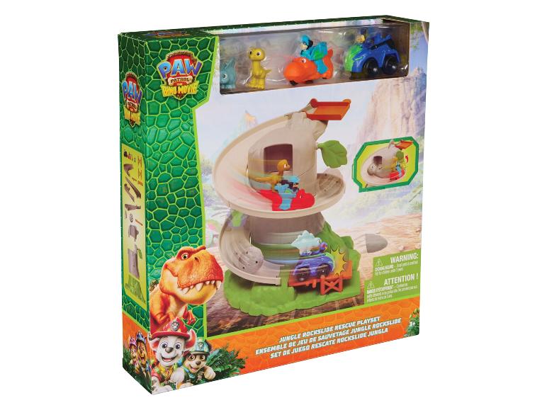 Jungle rotsglijbaan reddingsspeelset met dinosaurusfiguren en voertuigen.