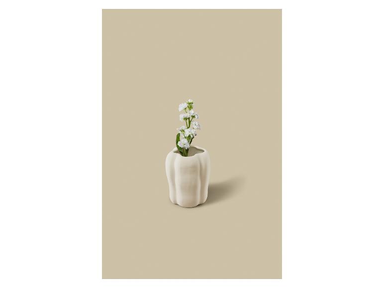 Getextureerde witte vaas met witte bloemen op een beige achtergrond.