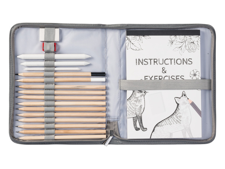 Een etui met potloden, gum en een instructieboekje met dierenafbeeldingen.