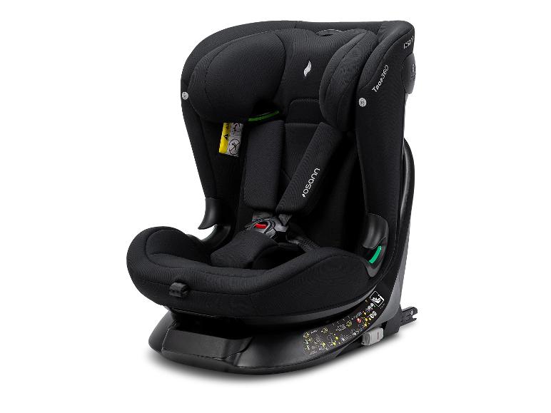 Zwart kinderautostoeltje met veiligheidsharnas en draaibare basis