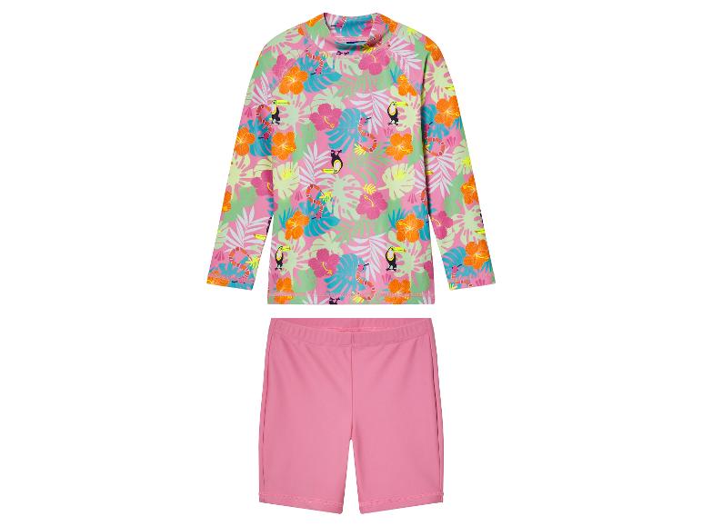 Kinder badpak:  lang mouw shirt met tropische print en roze short.
