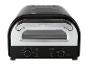 Zwarte pizzaoven met bediening voor diverse pizzatypes en temperatuur/timer.