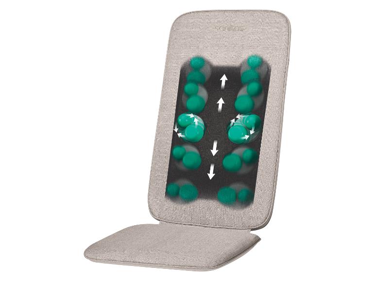 Beige massagestoelhoes met bewegende massagekoppen en richtingspijlen.