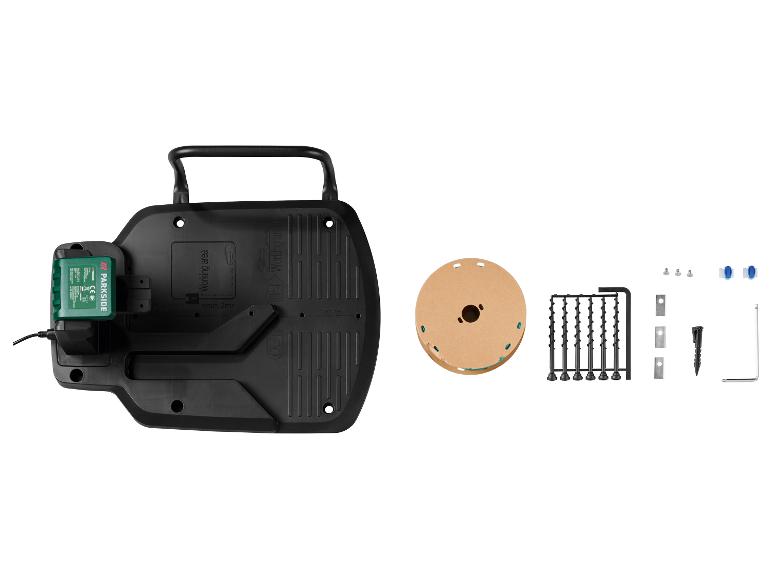 Parkside robotmaaier installatiekit met laadstation en accessoires.