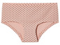 Een roze onderbroek met witte stippen.