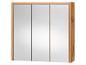 Driedelige badkamer spiegel met houten frame.