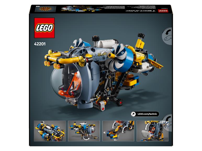LEGO Technic 42201 doos met een gele, blauwe en grijze onderzeeër, met propellers en een transparante cockpit.