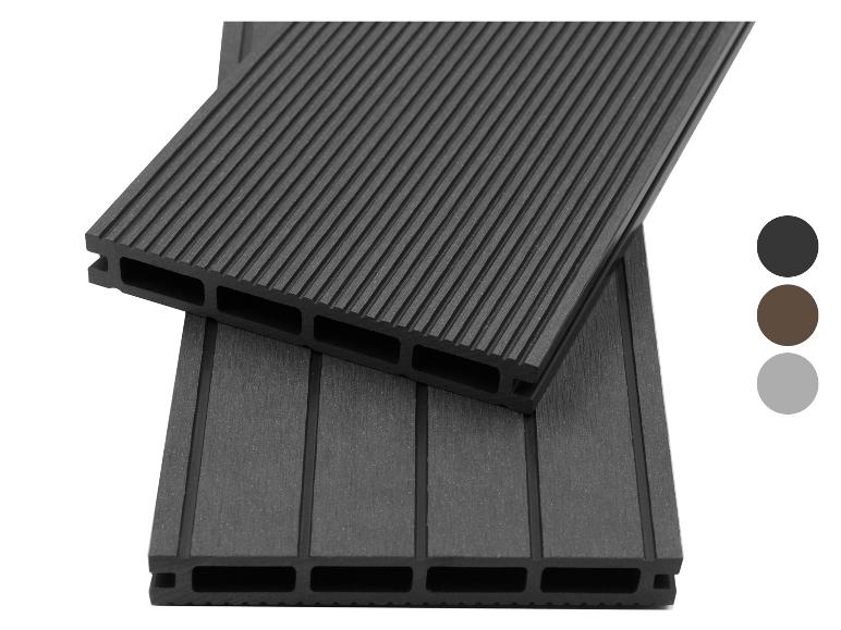 Antraciet composiet vlonderplanken, met zichtbare holle kamers.