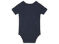Een donkerblauwe baby romper met korte mouwen.