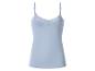 Lichtblauwe spaghettibandjes top met kanten decolleté.