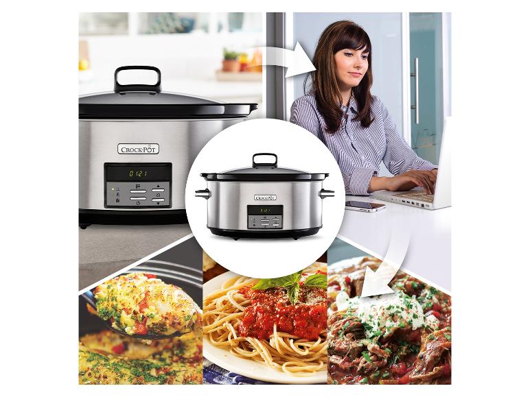 Een Crock-Pot slowcooker met afbeeldingen van pasta, kip en rundvleesgerechten.