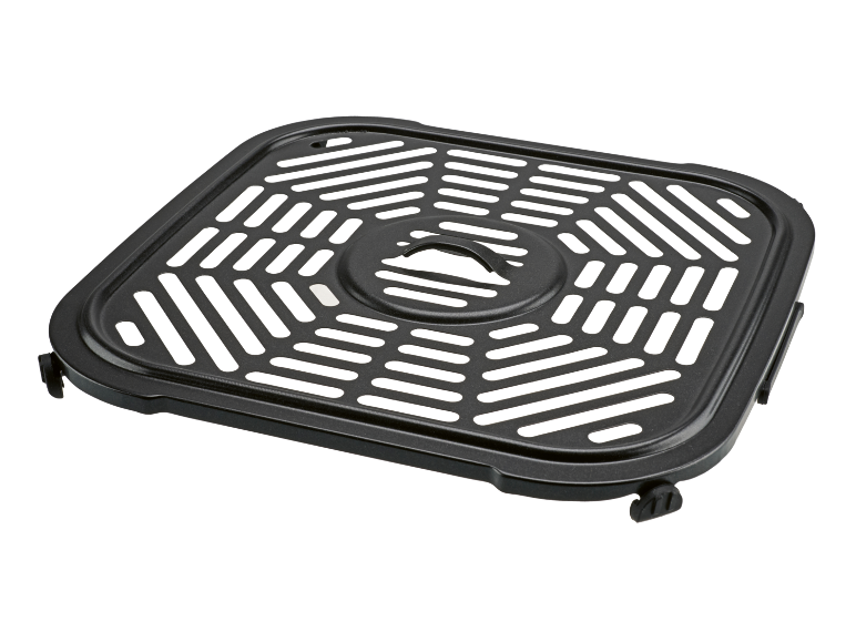 Zwart geperforeerd kookrooster voor airfryer, met centraal handvat.