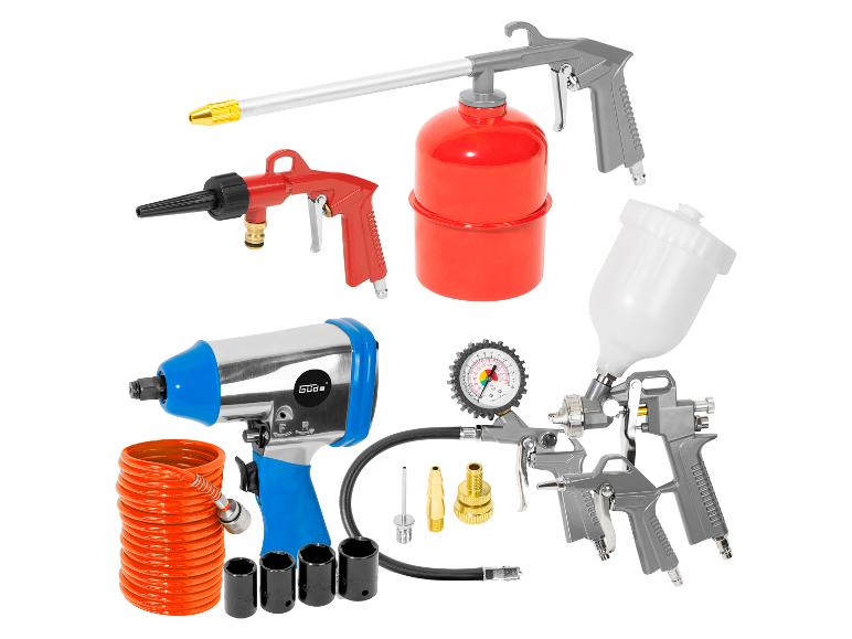 Güde gereedschapset: pneumatische slagmoersleutel, spuitpistolen en andere accessoires.