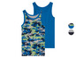 Twee tanktops voor jongens, één met een camouflageprint en één effen blauw.