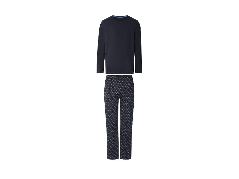 Donkerblauwe herenpyjama met lange mouwen en een broek met patroon