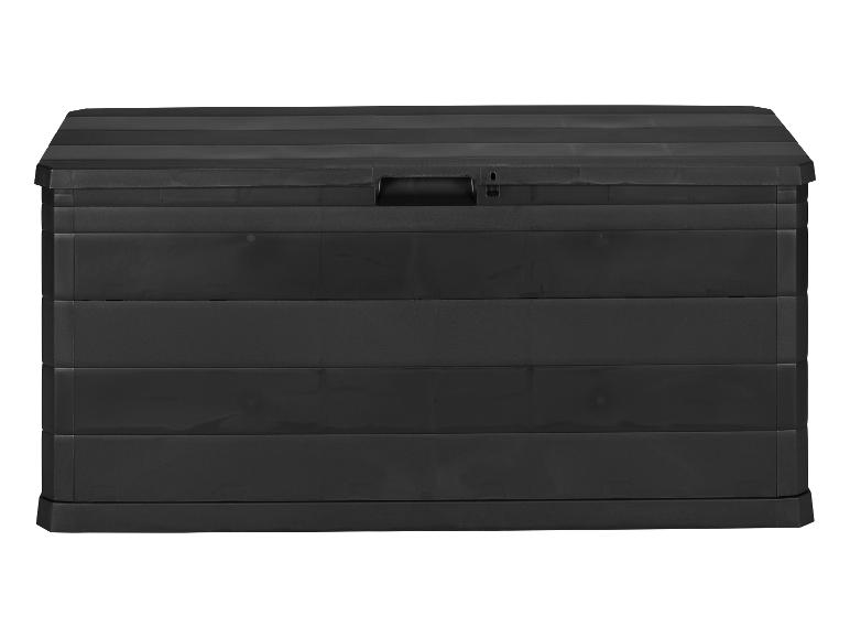 Zwarte kunststof opbergbox voor buiten met een gestructureerde afwerking en een handvat op het deksel.