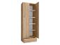 Hoge open houten kast met planken en een lade.