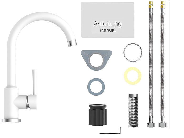 Een witte keukenkraan met twee aansluitslangen en installatie-instructies.