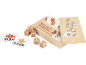 Houten spellingspel met letterblokken en plaatjeskaarten zoals vis, ster en kat.