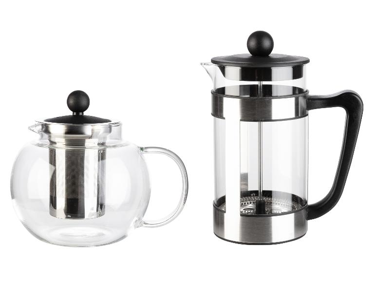 Glazen thee-kan met zeef en glazen French Press.
