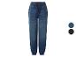 Blauwe kinderjeansjoggers met elastische tailleband en trekkoord.