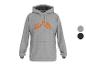 Grijze hoodie met oranje logo en buidelzak aan de voorkant.